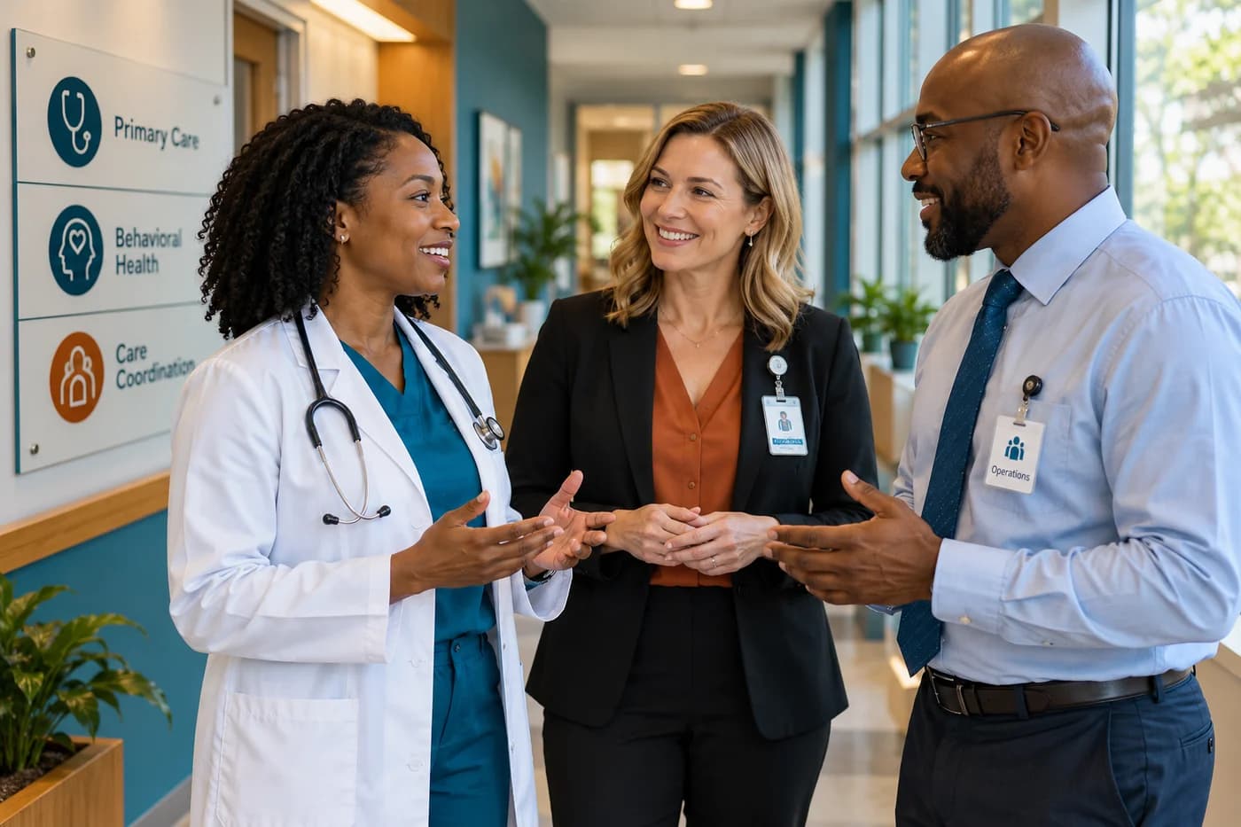 Two Black healthcare professionals and a white colleague talking in a clinic corridor