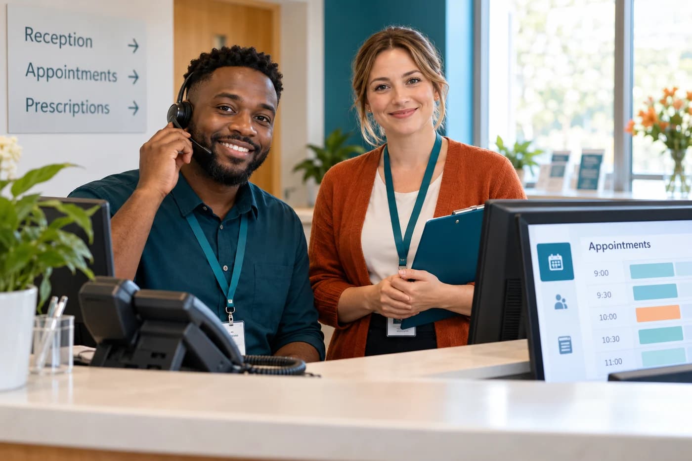 Black and white practice support coordinators ready to help at a clinic reception counter