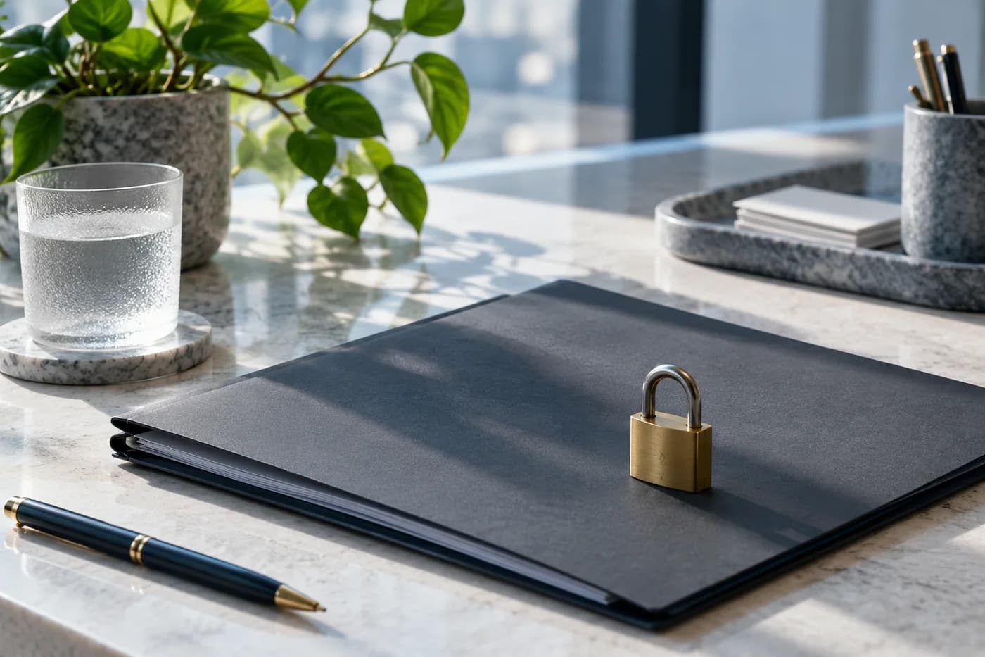Illustrative document folder and padlock on a quiet office desk
