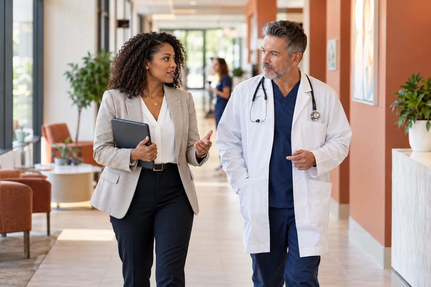Illustrative operations lead and physician walking through a clinic corridor