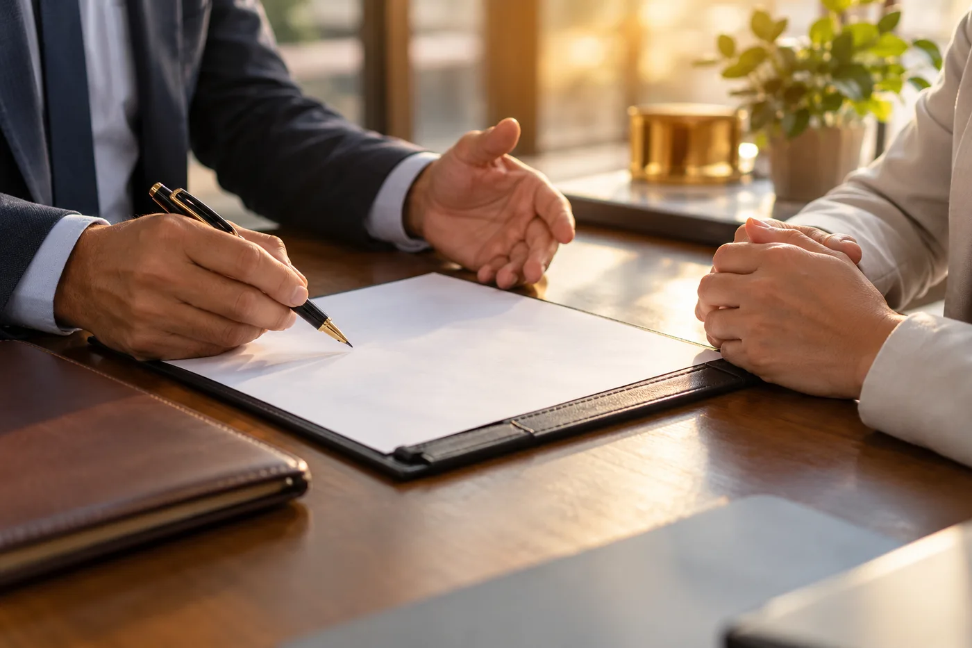 Illustrative professionals reviewing an agreement at a desk