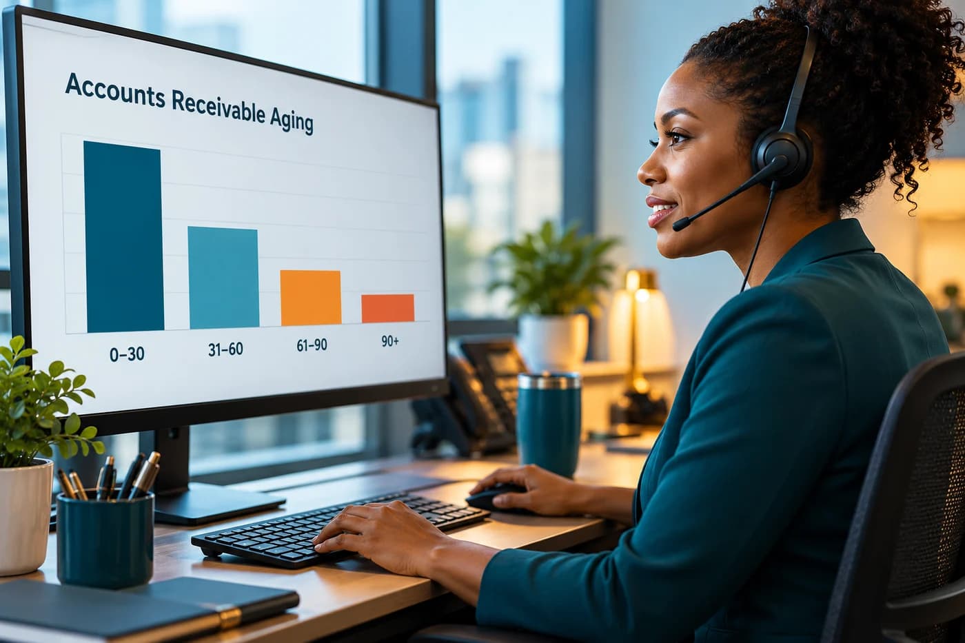 Insurance follow-up analyst reviewing accounts receivable aging buckets on a monitor