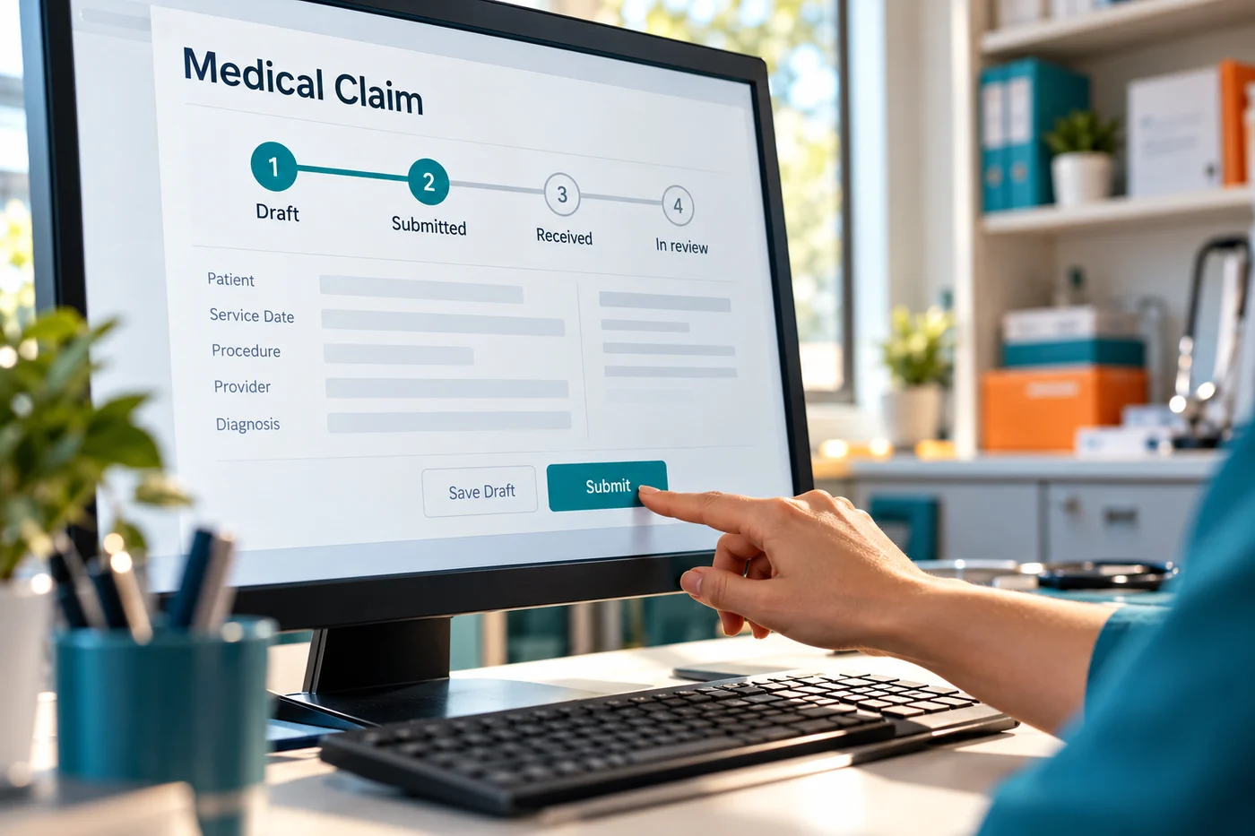 Electronic medical claim form beside a submission and payer review status tracker