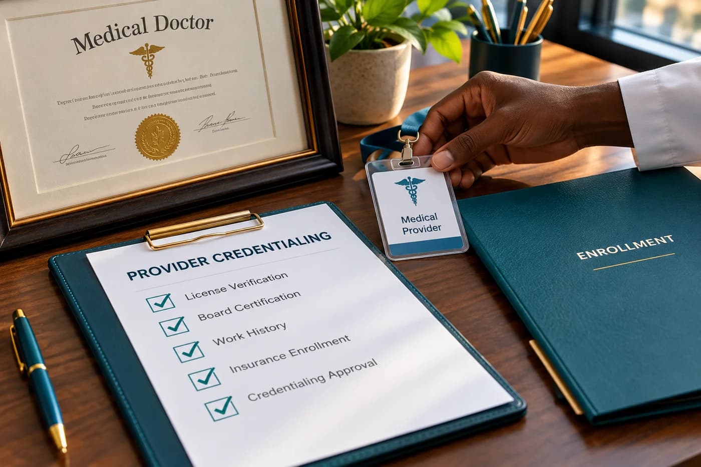 Provider credentialing checklist beside a medical diploma and professional identification badge