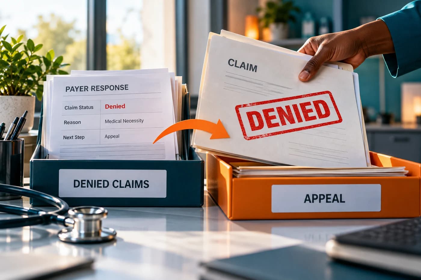 Denied medical claim moving from a payer response folder into an appeal work tray