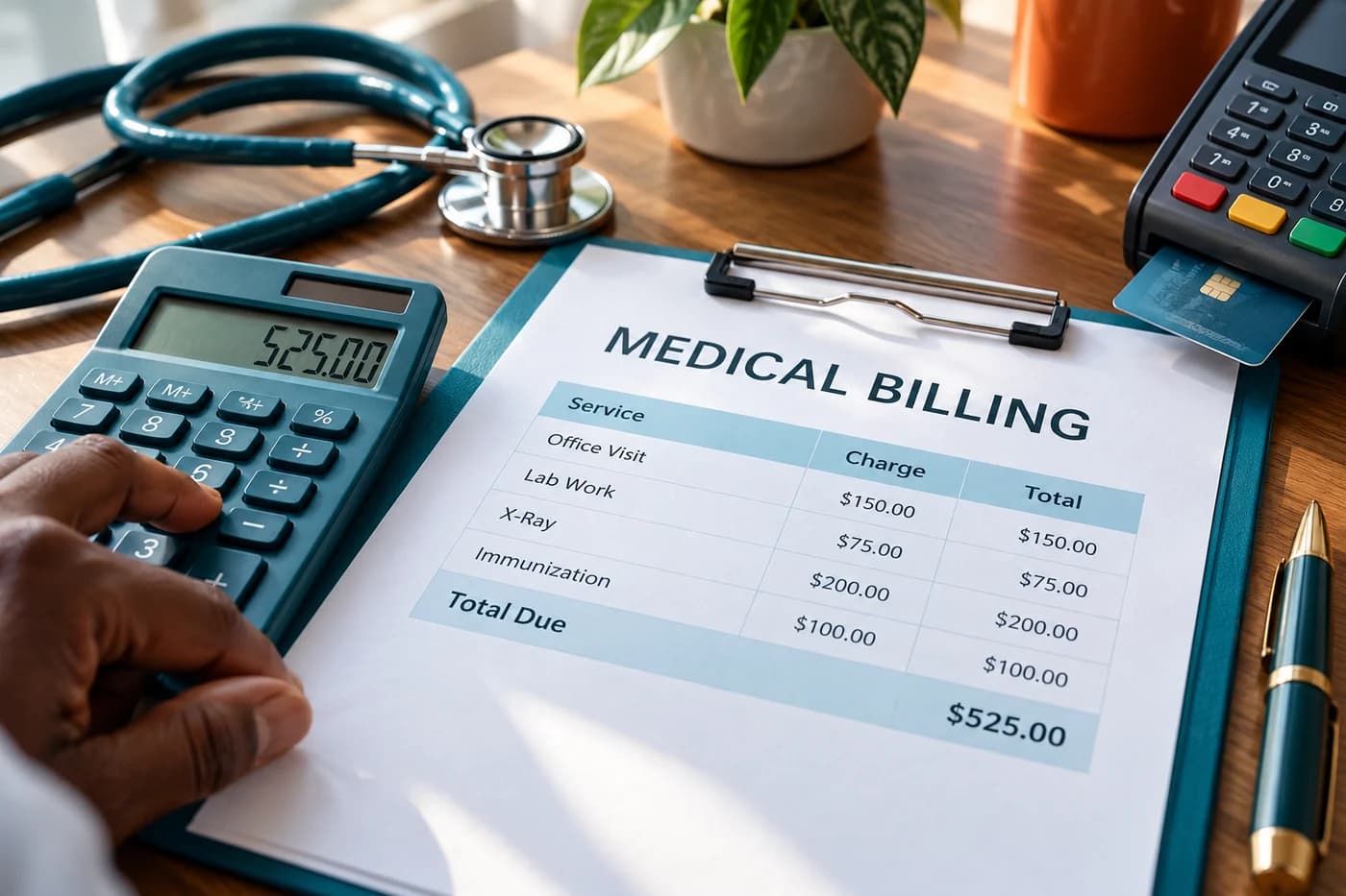 Medical billing statement beside a calculator, stethoscope, and payment terminal