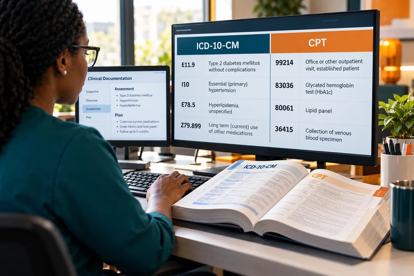 Coding specialist reviewing diagnosis and procedure codes with an open medical coding reference