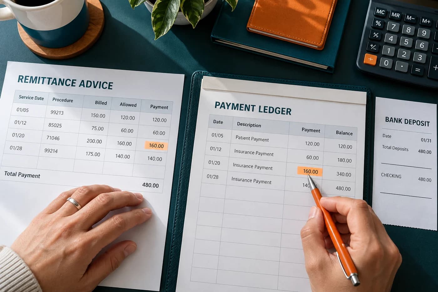 Hands matching a medical remittance payment to a ledger entry beside a calculator