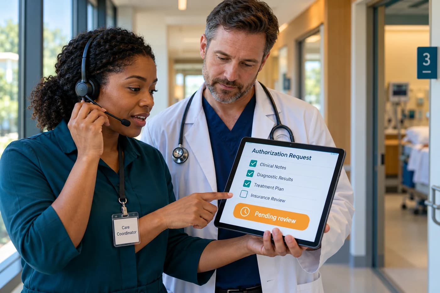Authorization coordinator on a payer call while a physician checks the request status on a tablet