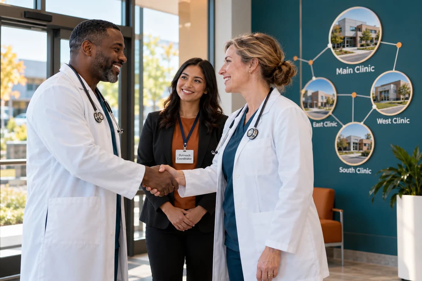 Physicians greeting one another at a clinic during a referral partnership introduction