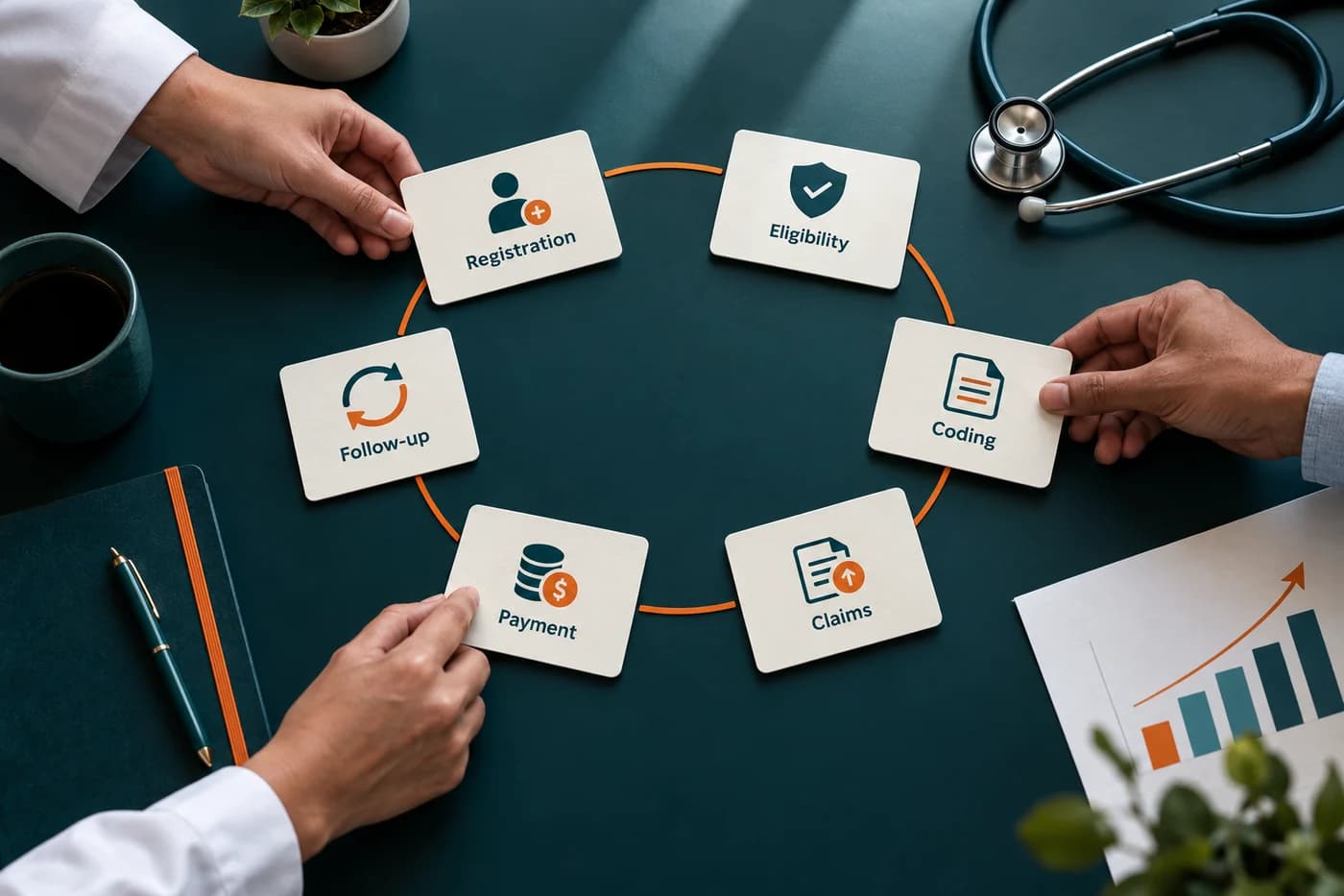 Six connected workflow cards mapping the healthcare revenue cycle from registration to follow-up
