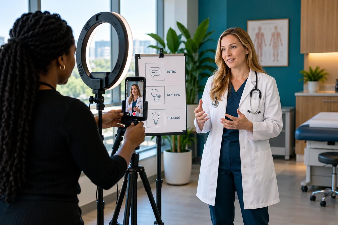 Marketing producer filming a physician with a smartphone and ring light for practice social media