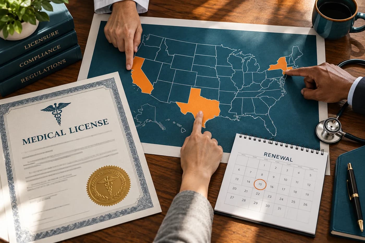 Medical license certificate beside a US state map and license renewal calendar