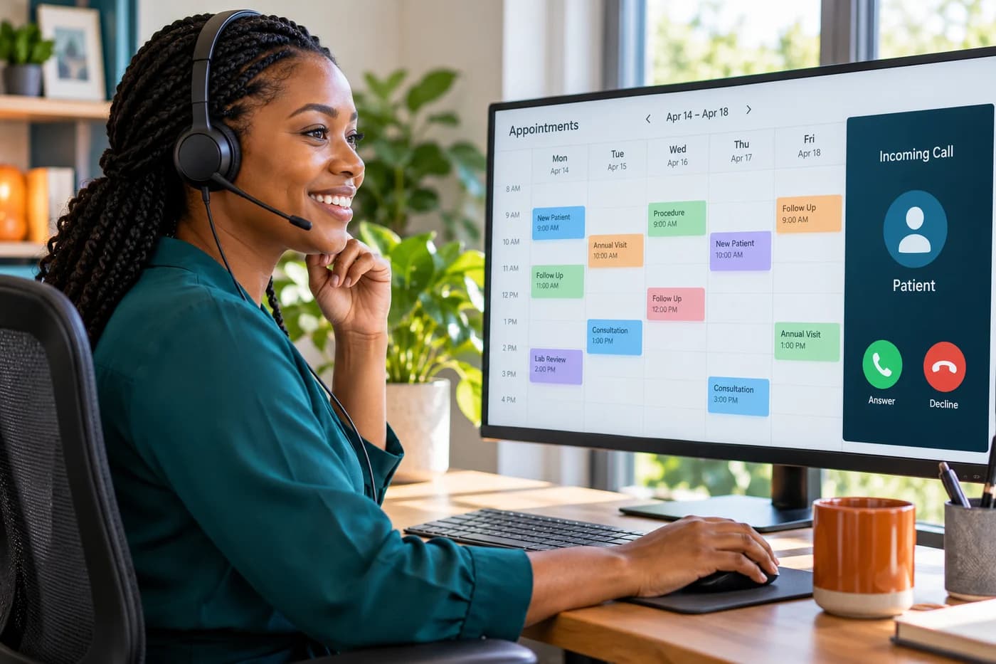 Healthcare virtual assistant managing appointments on a calendar with a telephone headset